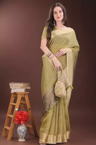mehandi green color solid orgenza zari border  saree 