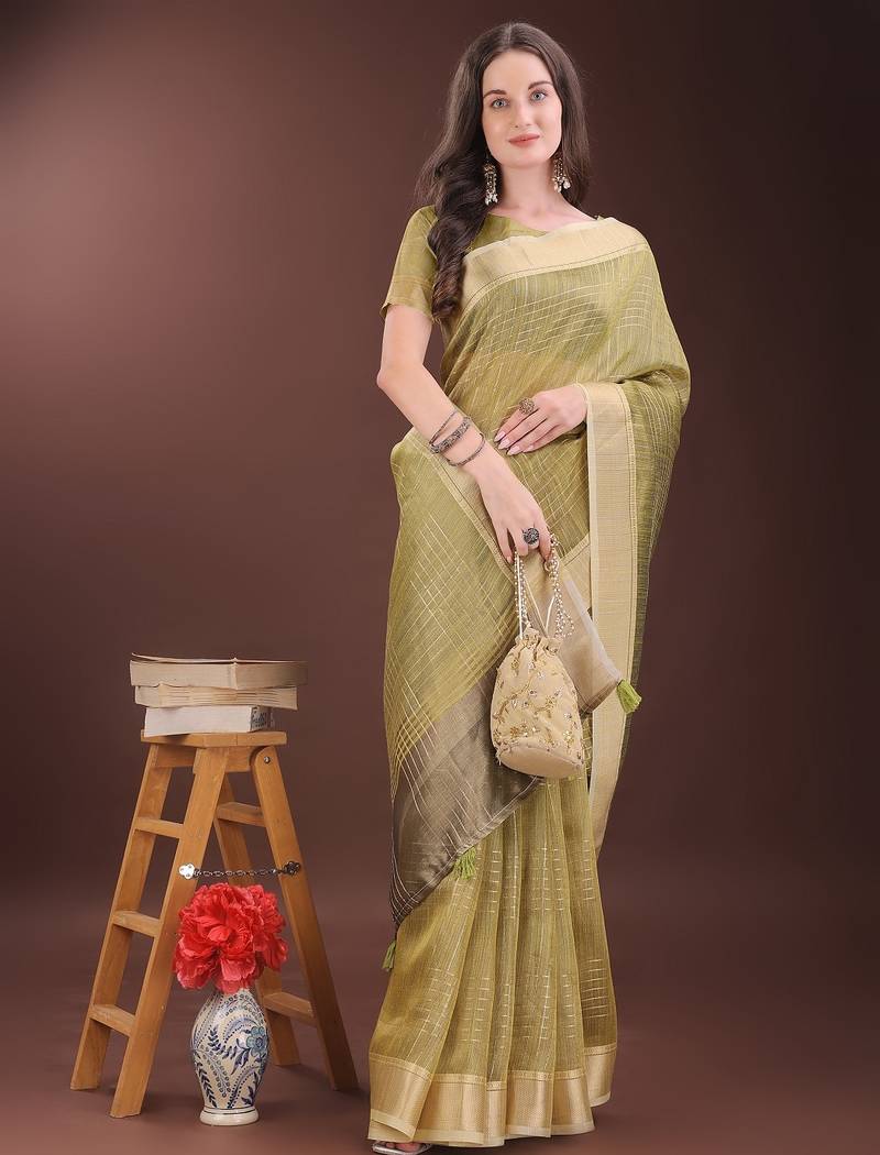 mehandi green color solid orgenza zari border  saree 