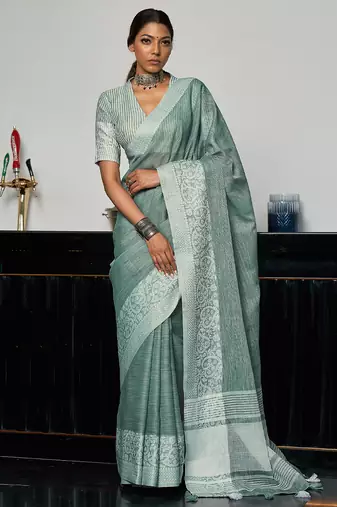 sea green color solid zari border linen cotton saree