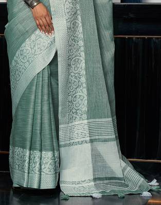 sea green solid zari border linen cotton saree 3