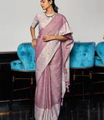 purple color solid zari border linen cotton saree