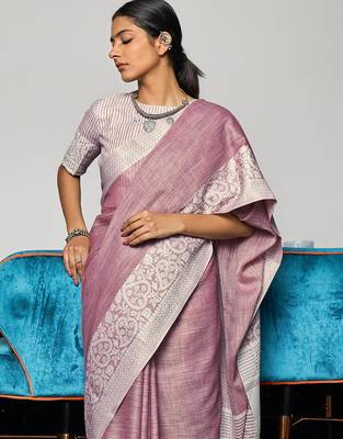 purple color solid zari border linen cotton saree 2