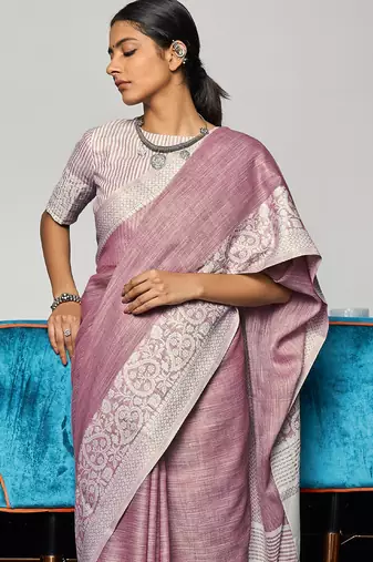 purple color solid zari border linen cotton saree