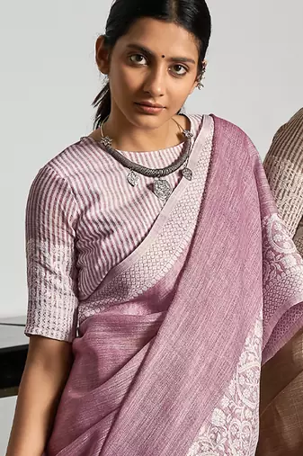 purple color solid zari border linen cotton saree