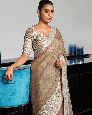 beige color solid zari border linen cotton saree 2