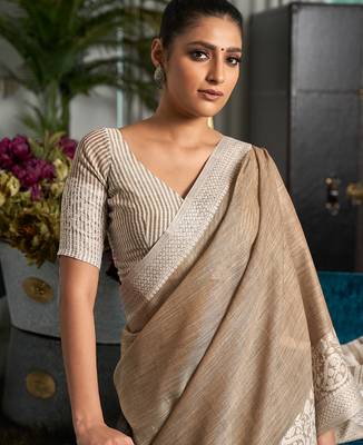 beige color solid zari border linen cotton saree 4