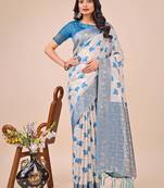 sky blue color zari woven linen cotton saree