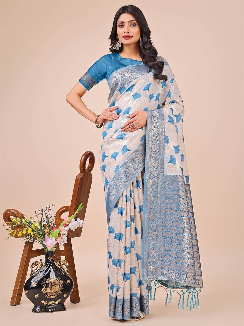 sky blue color zari woven linen cotton saree