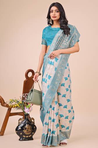 teal color zari woven linen cotton saree
