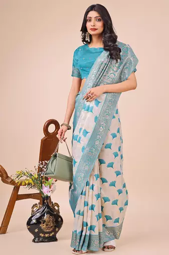 teal color zari woven linen cotton saree