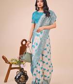 teal color zari woven linen cotton saree