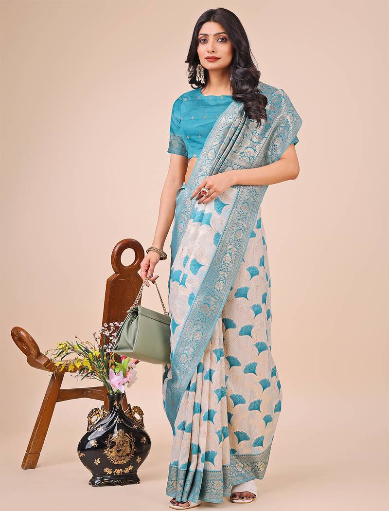 teal color zari woven linen cotton saree