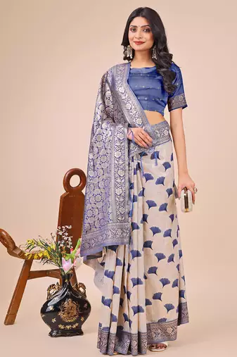 blue color zari woven linen cotton saree