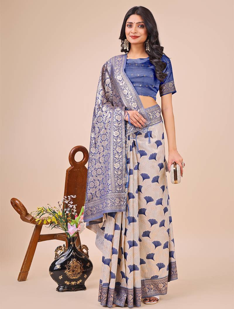 blue color zari woven linen cotton saree