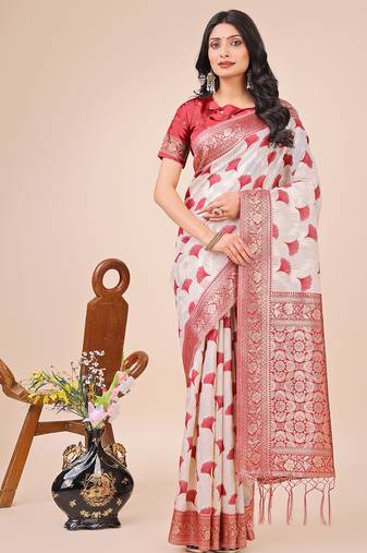 maroon color zari woven linen cotton saree