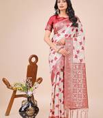 maroon color zari woven linen cotton saree