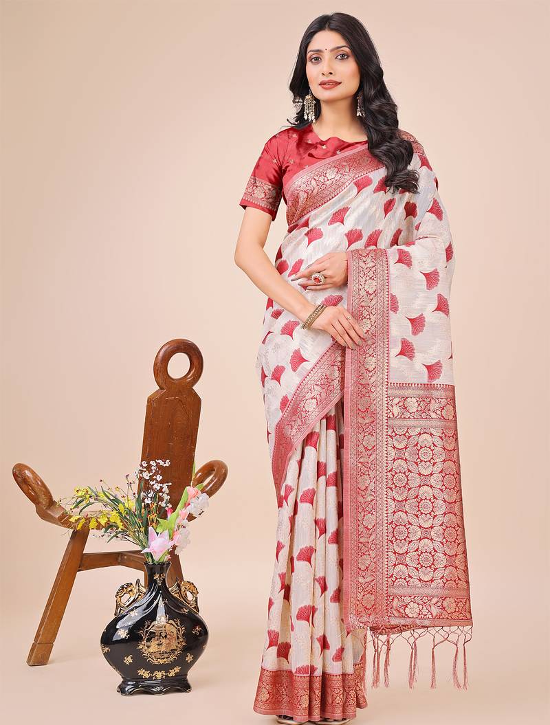maroon color zari woven linen cotton saree