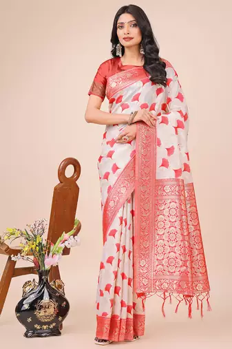 red color zari woven linen cotton saree