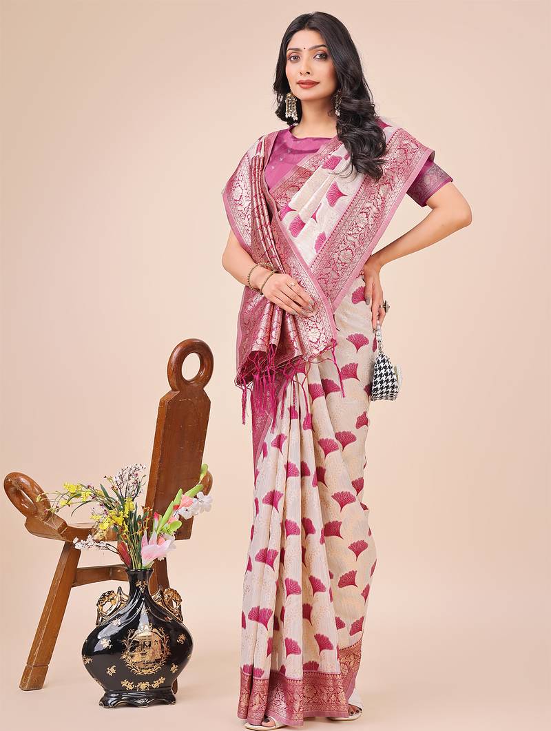 magenta color zari woven linen cotton saree