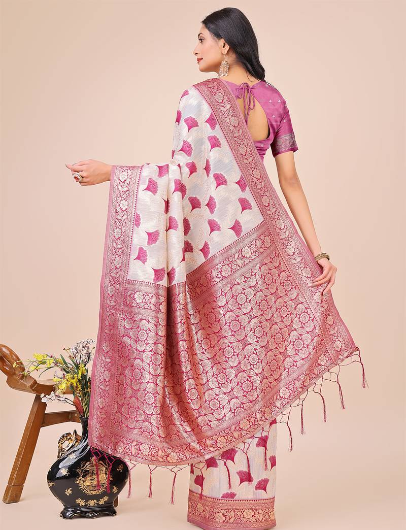 magenta color zari woven linen cotton saree