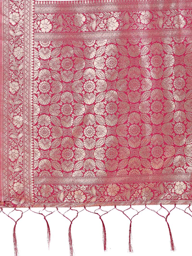magenta color zari woven linen cotton saree