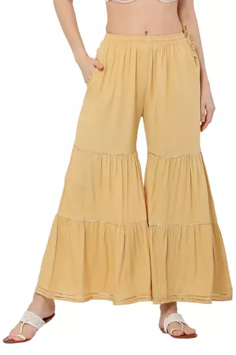 RPavonine beige color 3-layers golden gota flared pant