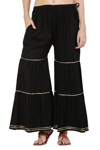 Pavonine black color 3-layers golden gota flared pant