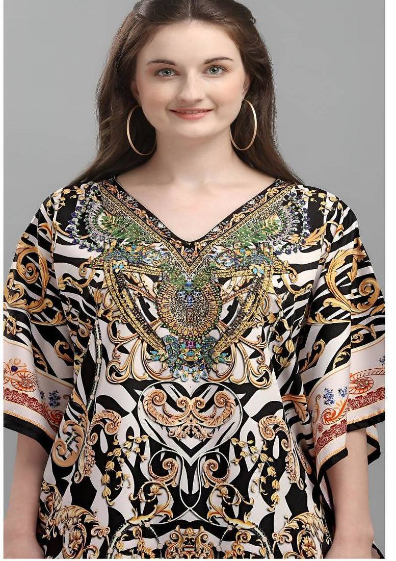 Multicolor digital printed stone work polyester crepe kaftan full- stitched - free size 