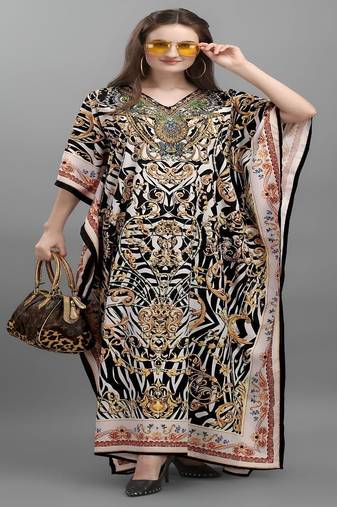 Multicolor digital printed stone work polyester crepe kaftan full- stitched - free size 