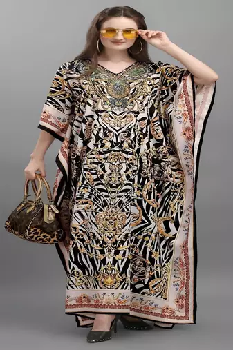 Multicolor digital printed stone work polyester crepe kaftan full- stitched - free size 