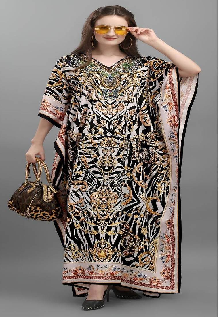 Multicolor digital printed stone work polyester crepe kaftan full- stitched - free size 