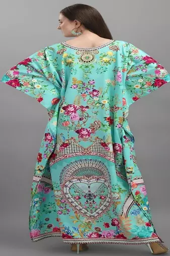 Multicolor digital printed stone work polyester crepe kaftan full- stitched - free size 
