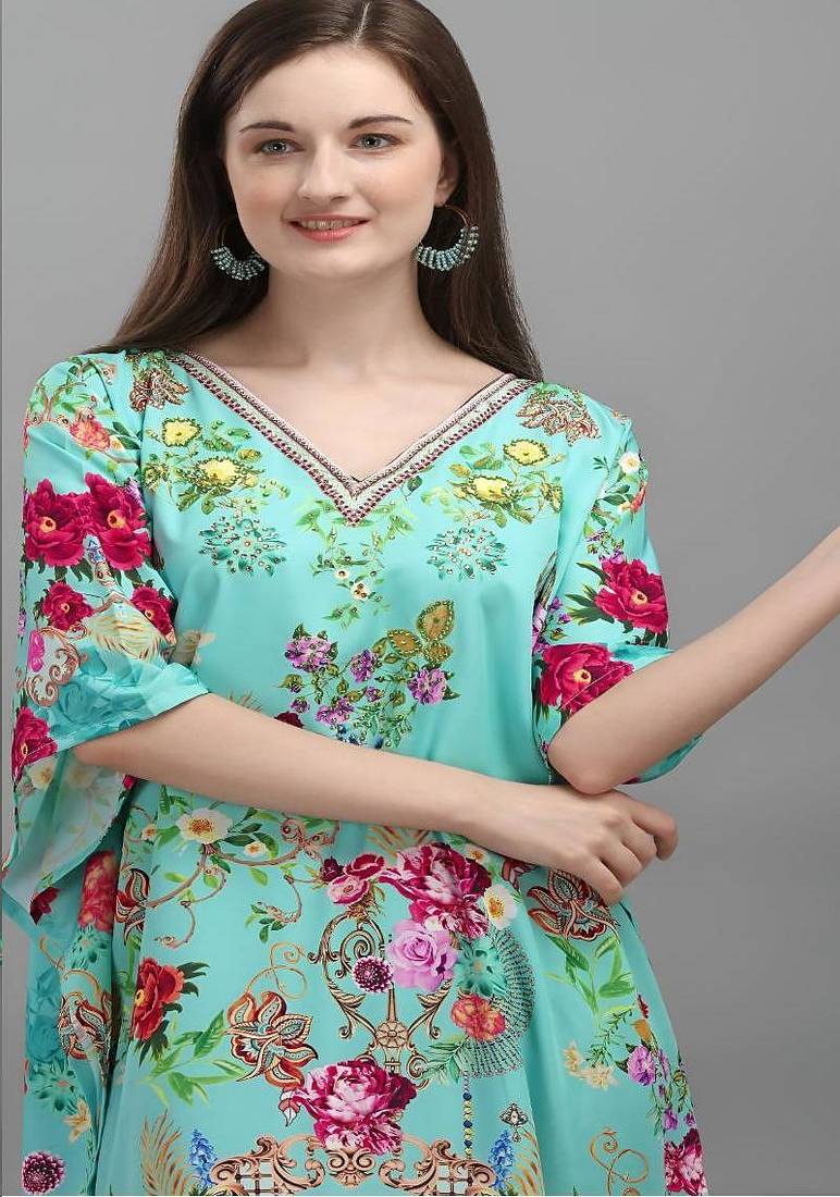 Multicolor digital printed stone work polyester crepe kaftan full- stitched - free size 