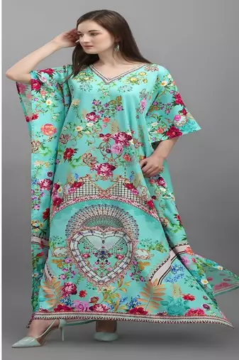 Multicolor digital printed stone work polyester crepe kaftan full- stitched - free size 