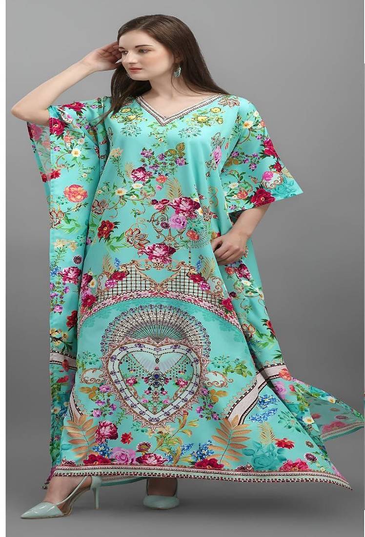 Multicolor digital printed stone work polyester crepe kaftan full- stitched - free size 