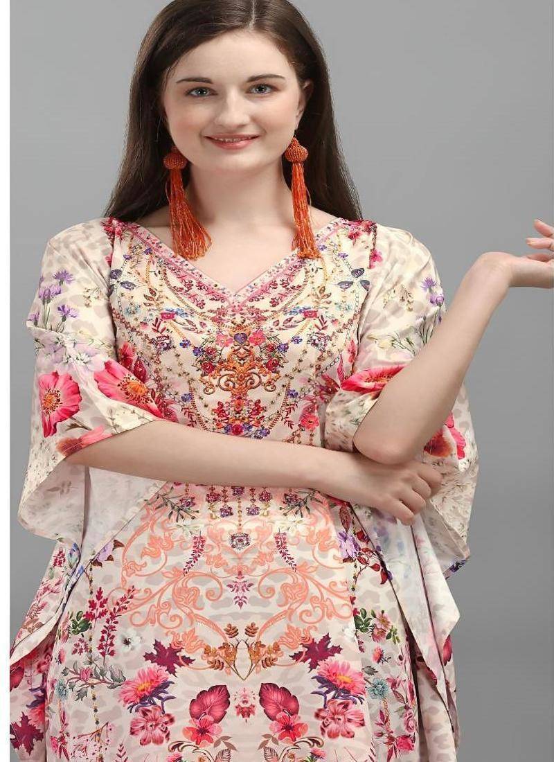 Multicolor digital printed stone work polyester crepe kaftan full- stitched - free size 