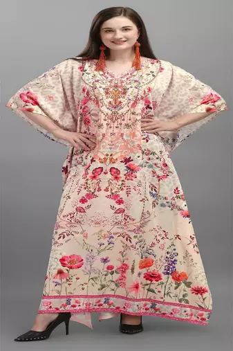 Multicolor digital printed stone work polyester crepe kaftan full- stitched - free size 