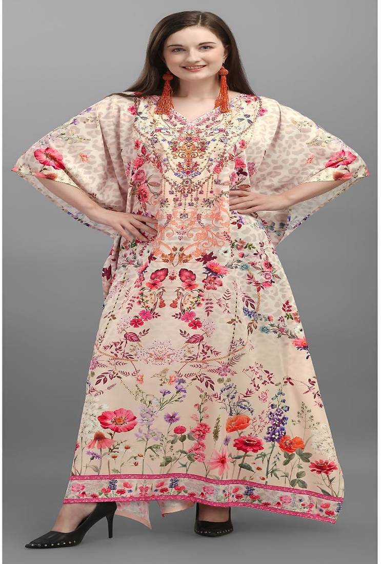 Multicolor digital printed stone work polyester crepe kaftan full- stitched - free size 