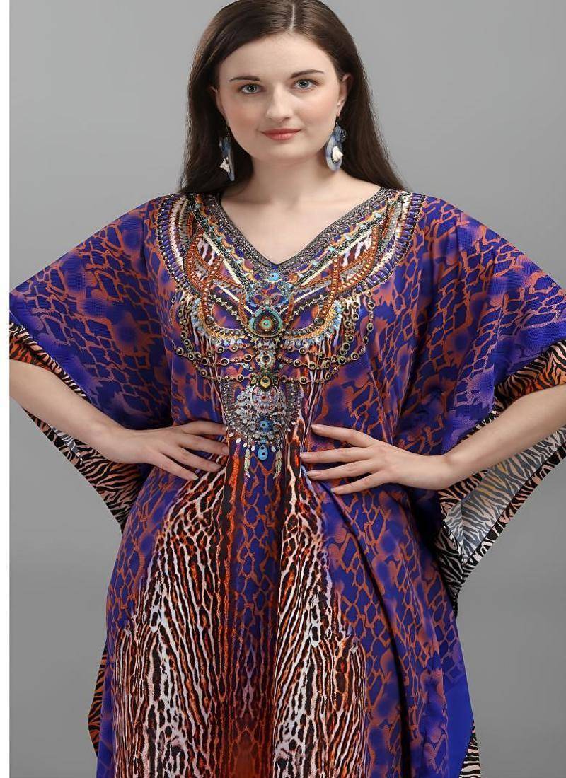 Multicolor digital printed stone work polyester crepe kaftan full- stitched - free size 