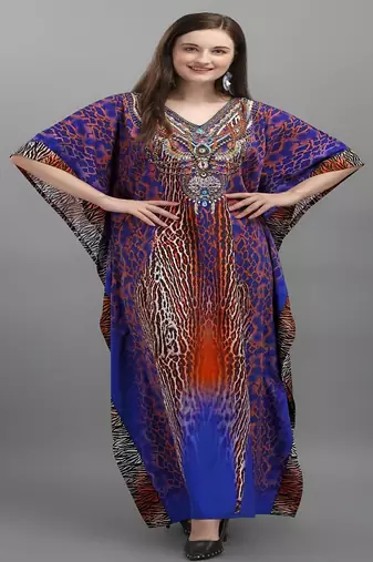 Multicolor digital printed stone work polyester crepe kaftan full- stitched - free size 