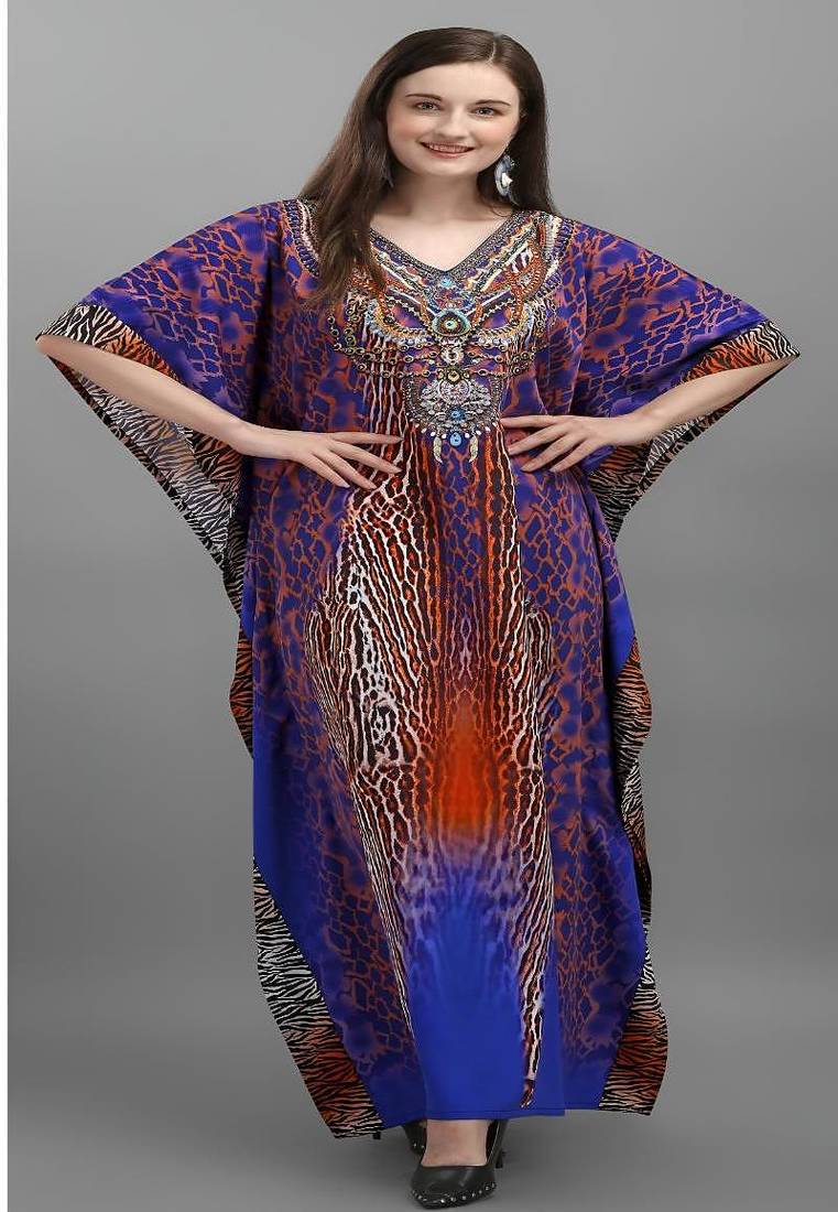 Multicolor digital printed stone work polyester crepe kaftan full- stitched - free size 