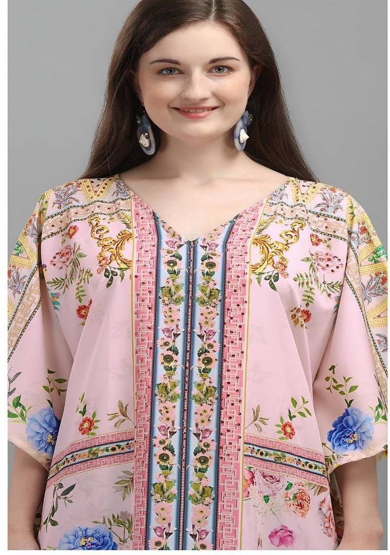 Multicolor digital printed stone work polyester crepe kaftan full- stitched - free size 