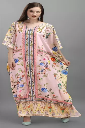 Multicolor digital printed stone work polyester crepe kaftan full- stitched - free size 