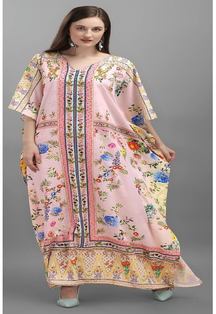 Multicolor digital printed stone work polyester crepe kaftan full- stitched - free size 