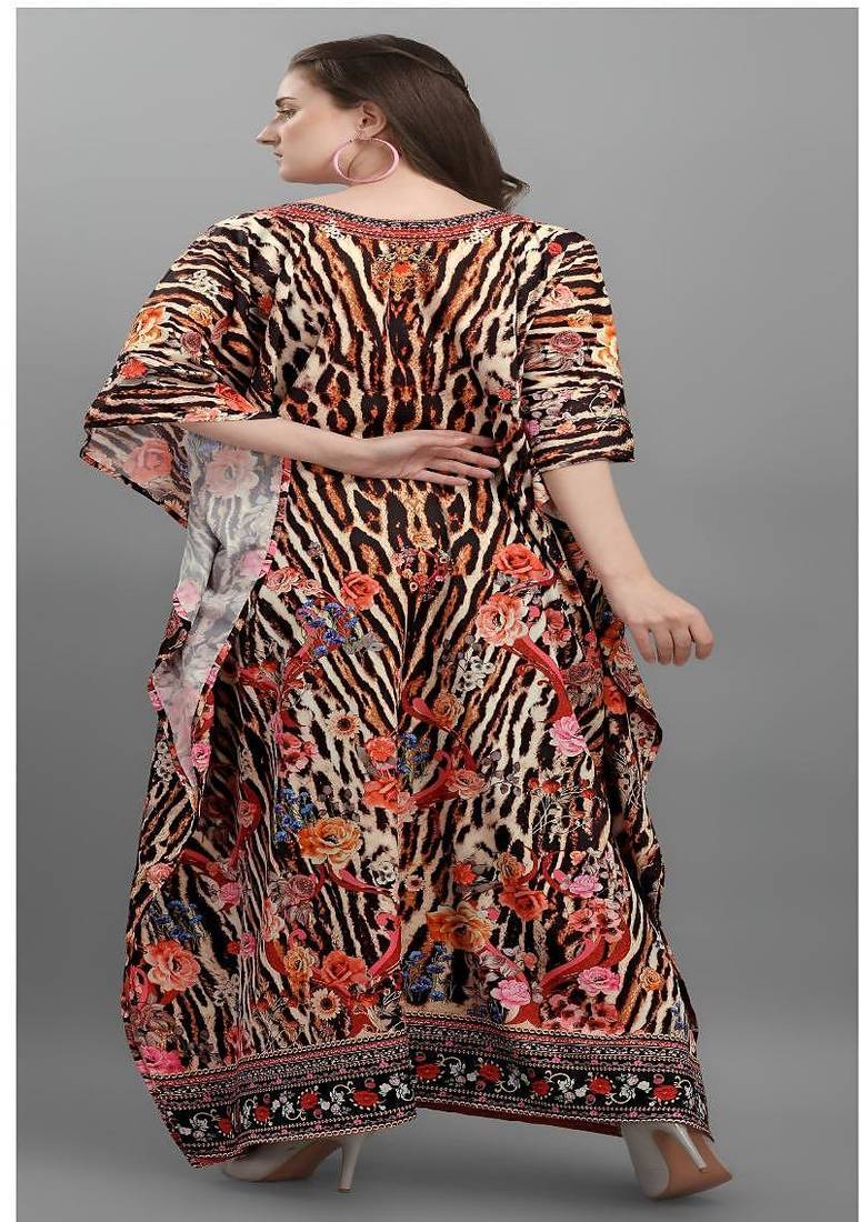 Multicolor digital printed stone work polyester crepe kaftan full- stitched - free size 