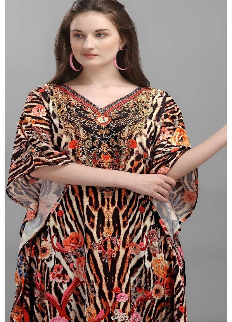Multicolor digital printed stone work polyester crepe kaftan full- stitched - free size 