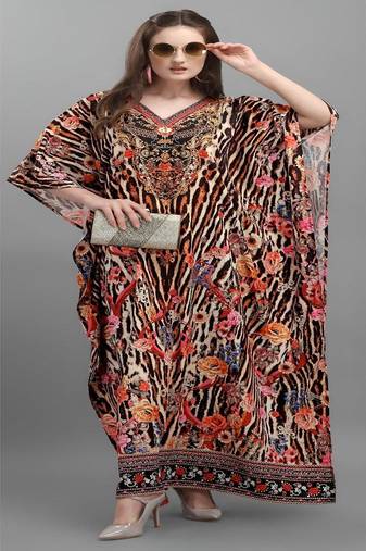 Multicolor digital printed stone work polyester crepe kaftan full- stitched - free size 