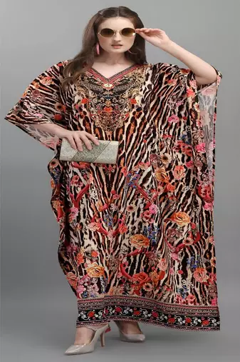 Multicolor digital printed stone work polyester crepe kaftan full- stitched - free size 