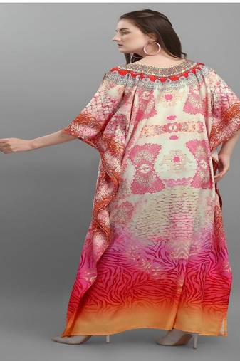 Multicolor digital printed stone work polyester crepe kaftan full- stitched - free size 
