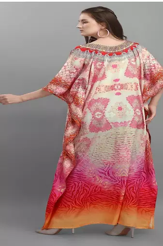 Multicolor digital printed stone work polyester crepe kaftan full- stitched - free size 